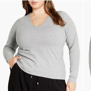 City Chic Long Sleeve V Neck Shirt - Gray